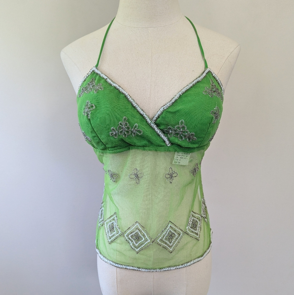 Vintage Y2K Wet Seal Green Beaded Tie‎ Back Halter Top Festival Rave